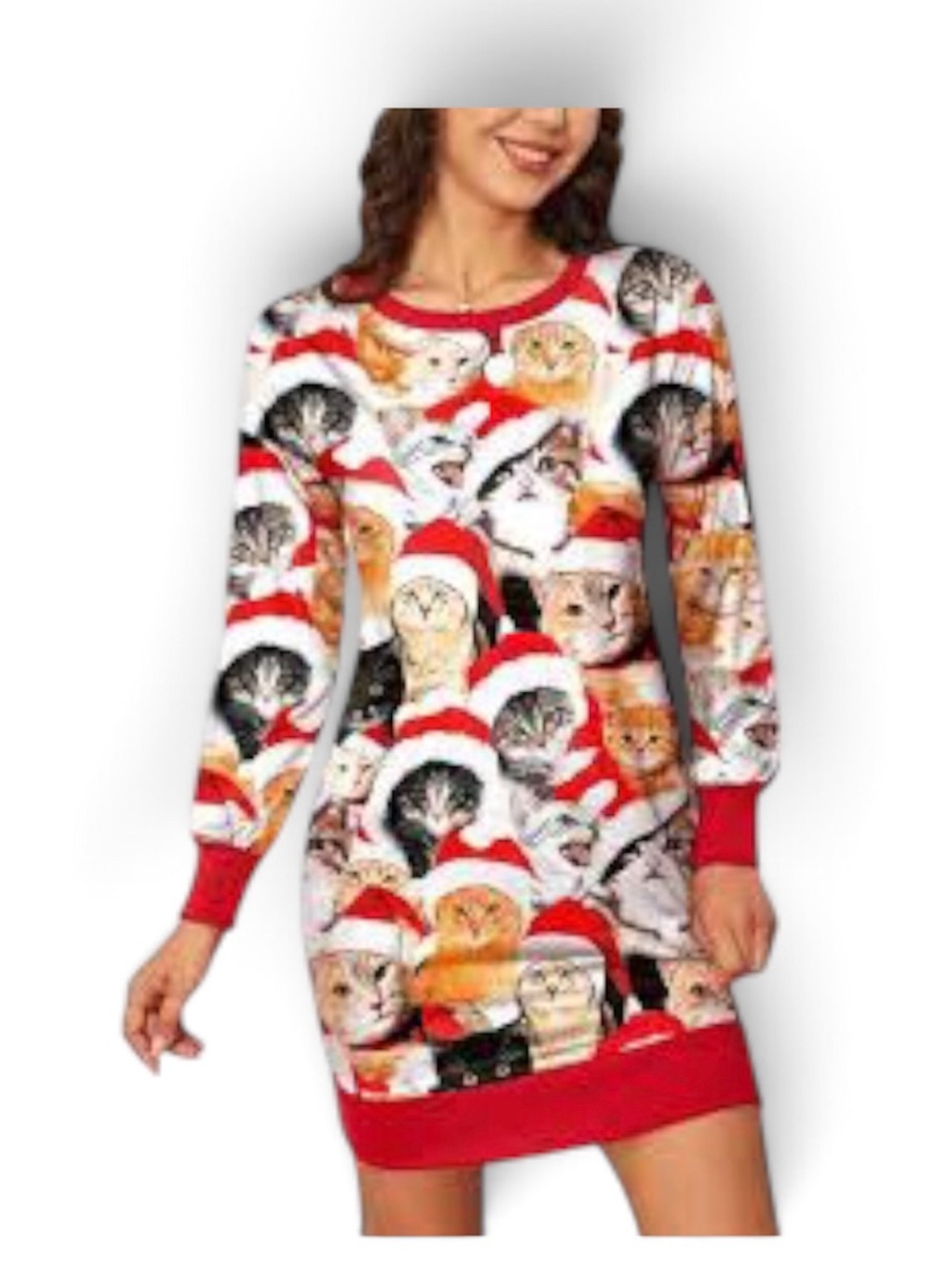 Christmas Womens Casual Printed Sweatshirt Long Sleeves.Cat Hat Small